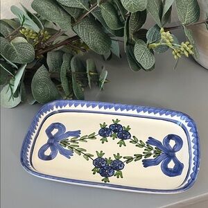 Vintage Hand Painted Signed Artisan Blue Floral Ceramic Tray Made in Portugal